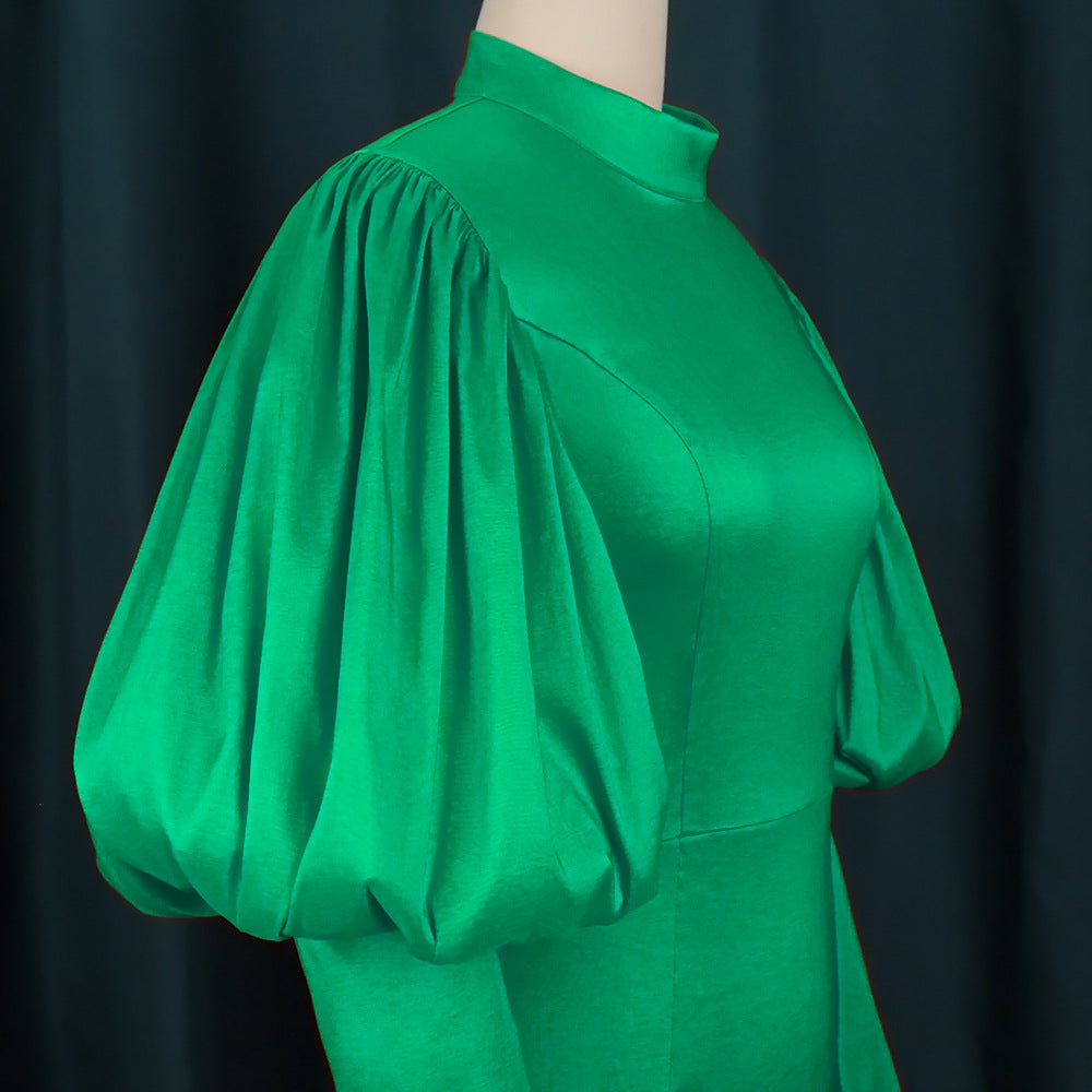 Elegant solid color casual women party dress evening green puff sleeve