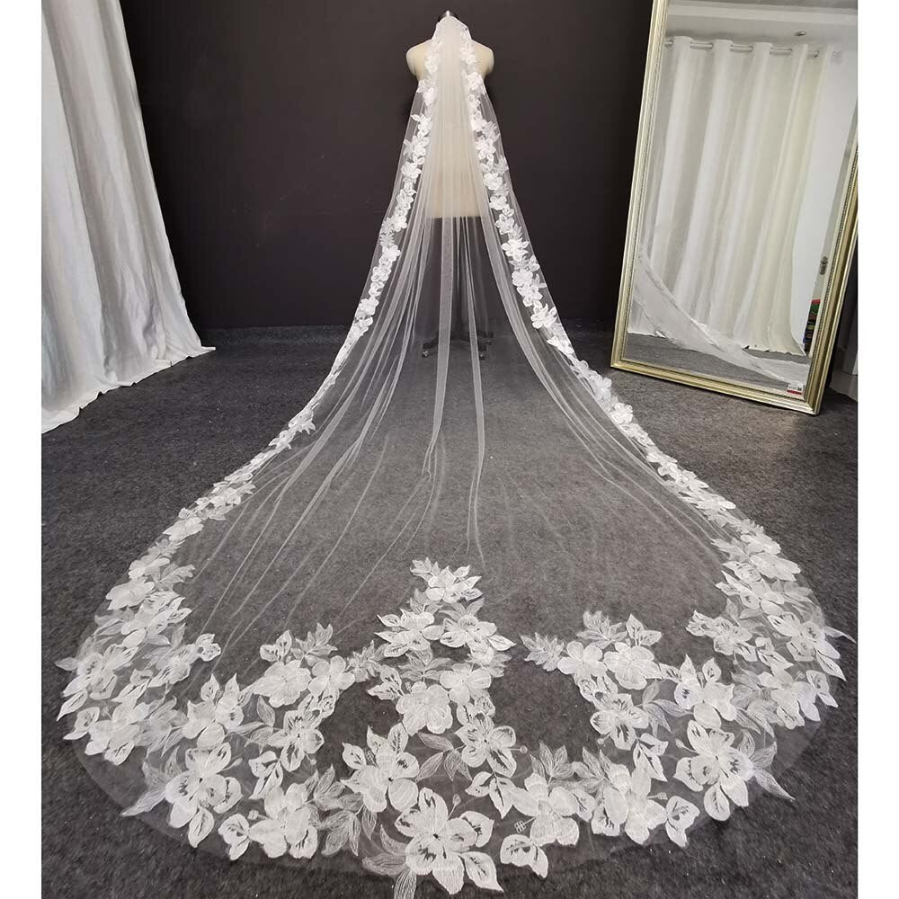 Beautiful Flower Lace Wedding Veil 3 Meters 1 Layer Soft Tulle Cathedral Ivory Bridal Veil With Comb Wedding Accessories