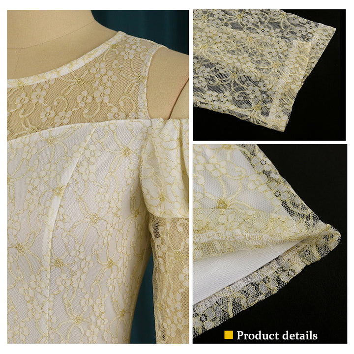 Women cold shoulder long sleeve sheer lace ruffle jacquard dress