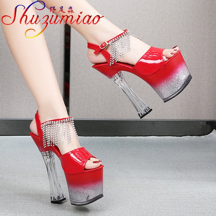 Shuzumiao Sandals 2021 Summer New Patent Leather Platform Square Heel Fashion Fringe Party womens shoes