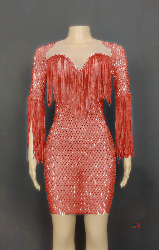 Crystal diamonds tassels women clothing sheath low cut see through luxury party gown