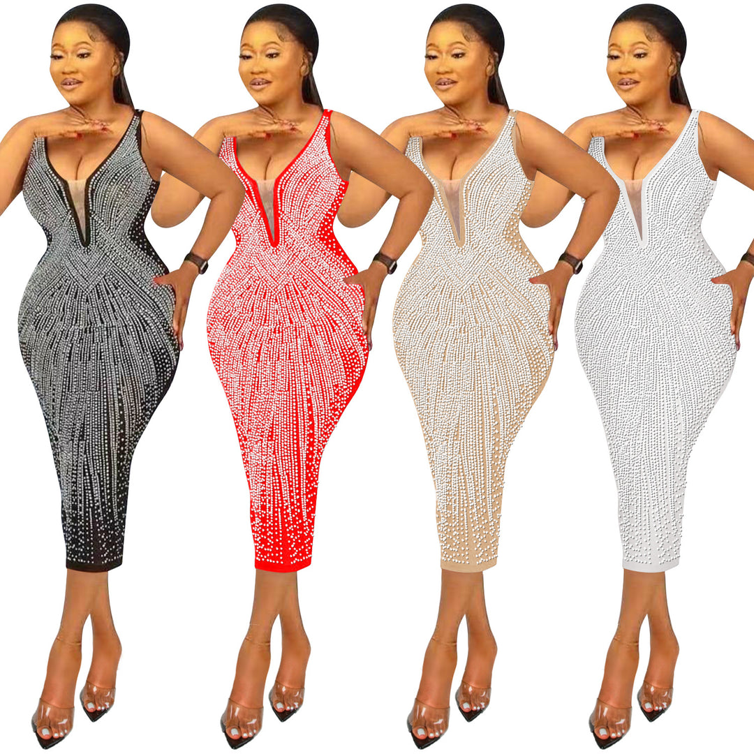 Womens Fashion tight v neck sleeveless sparkle rhinestone dress plus size maxi