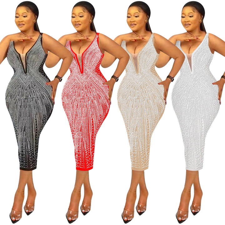 Womens Fashion tight v neck sleeveless sparkle rhinestone dress plus size maxi