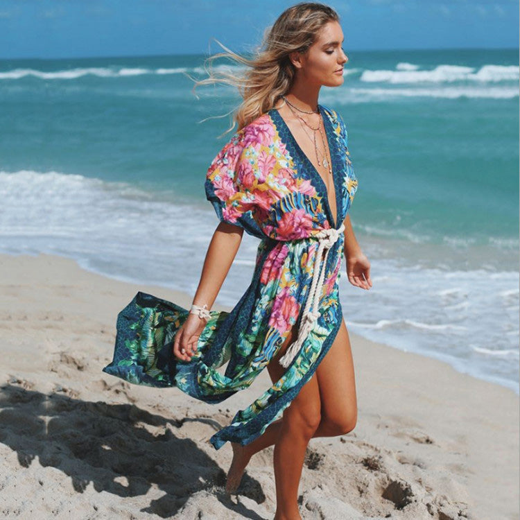 Kimono beach casual floral print long cardigan chifong womens dress cover