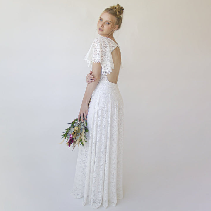 Open Back Wedding Dress, Lace Short Sleeves Bridal Dress #1360