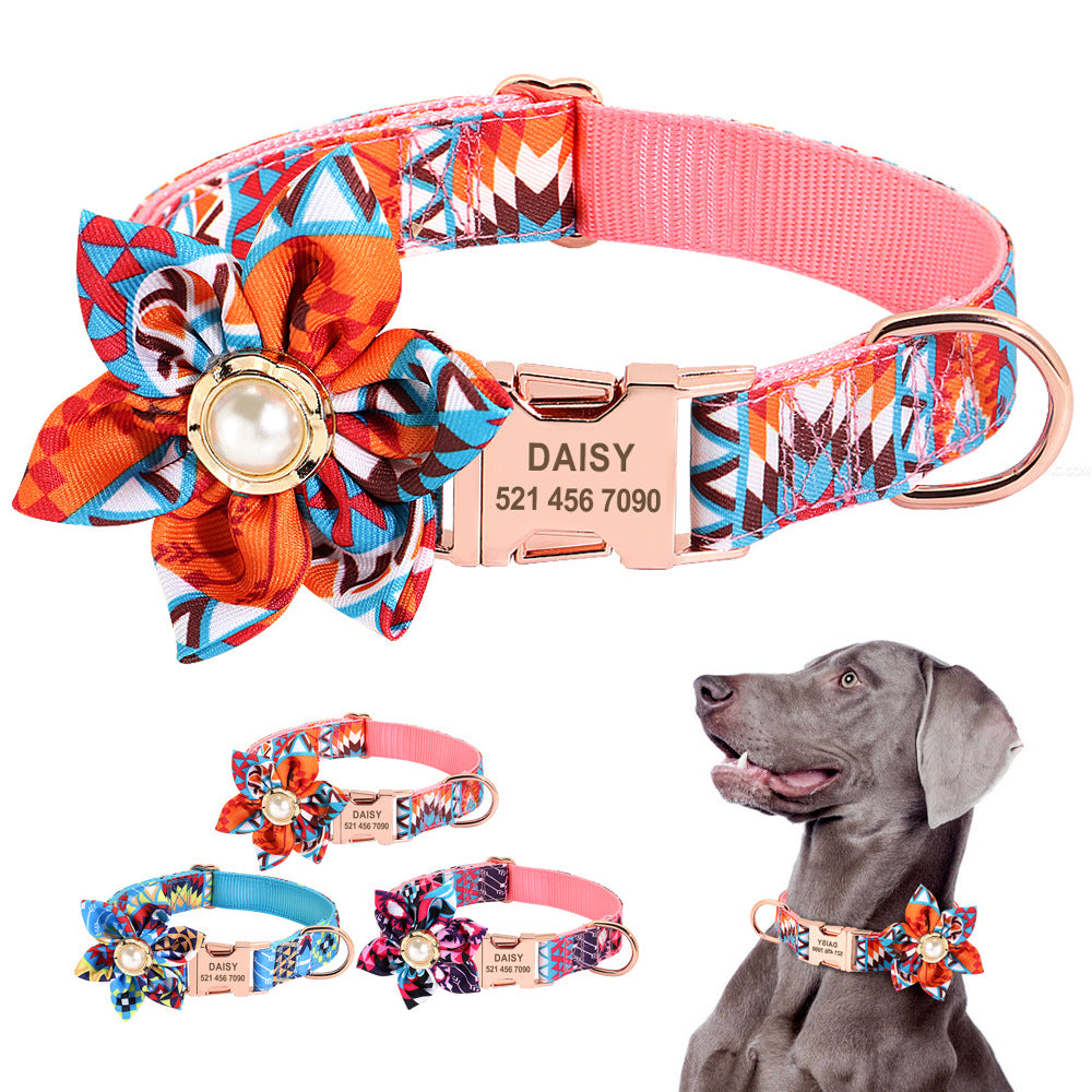 Hot sell ethnic style flower dog collar metal buckle with lettering