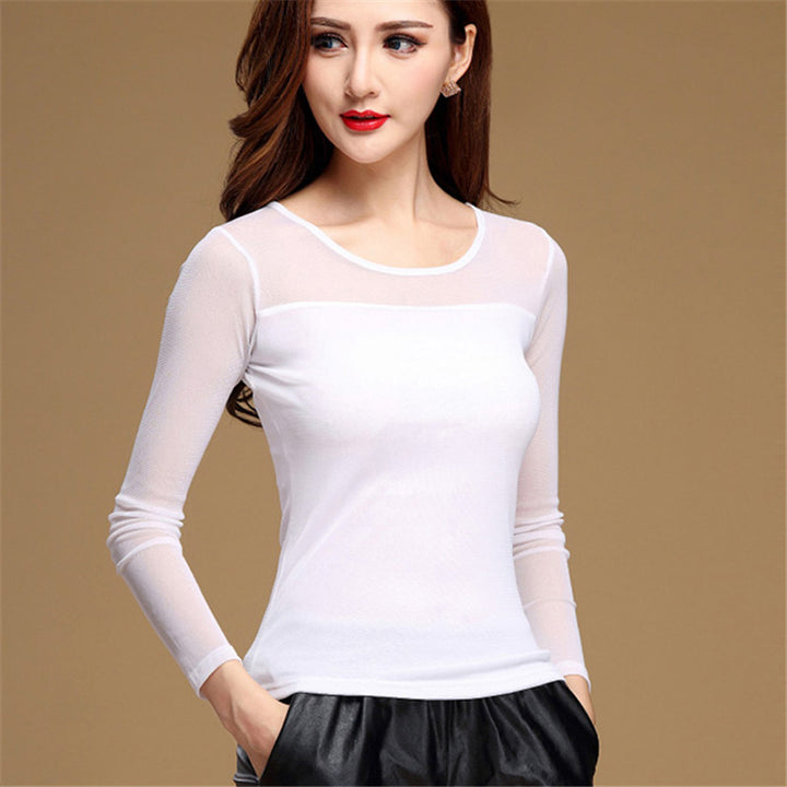 Womens blouse black white casual long sleeve lace under shirts elastic tops