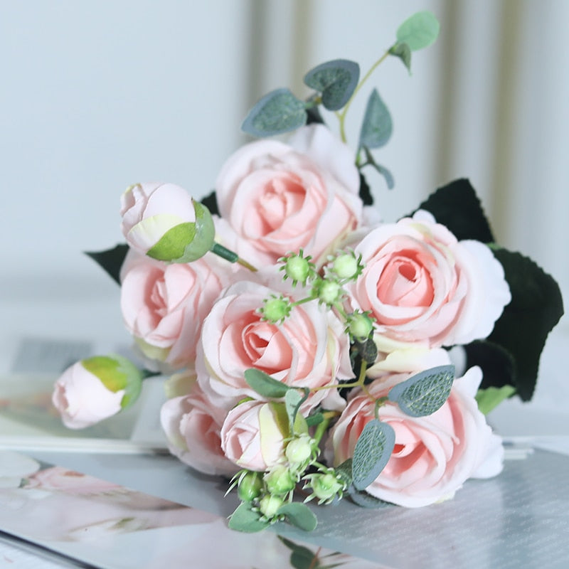 Beautiful artificial roses with 3 buds silk flower wedding decor wreath accessories