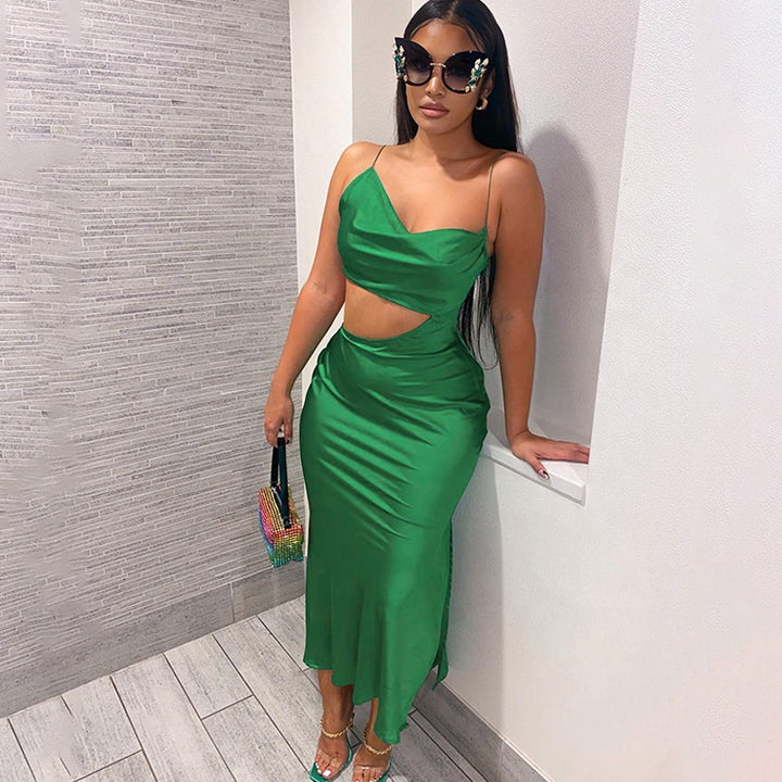 Trendy new ladies elegant spaghetti strap dress hollow waist green long maxi