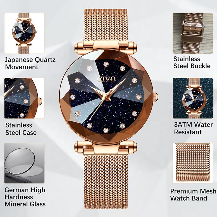 Luxury crystal waterproof rose gold steel mesh quartz women watch