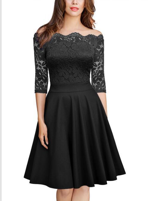 Womens elegant lace off the shoulder dress bridesmaid skater a line party