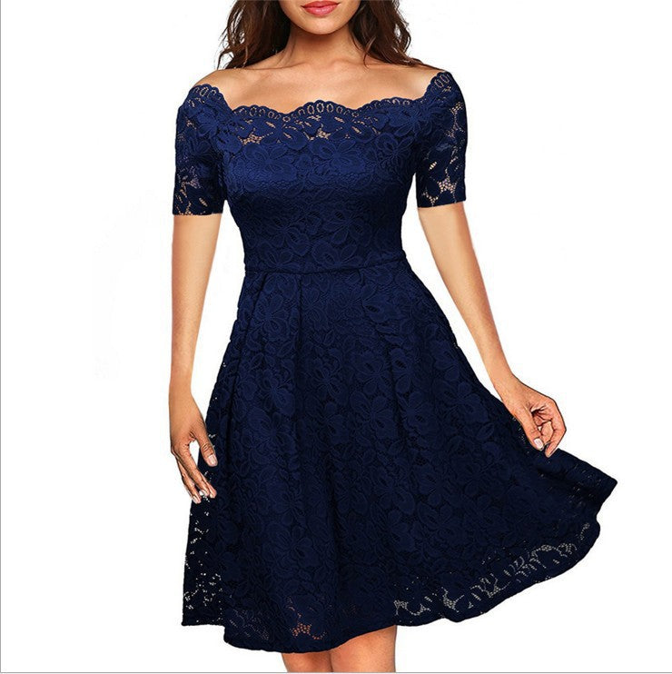 Womens elegant round neck white dress womens elegant lace a line