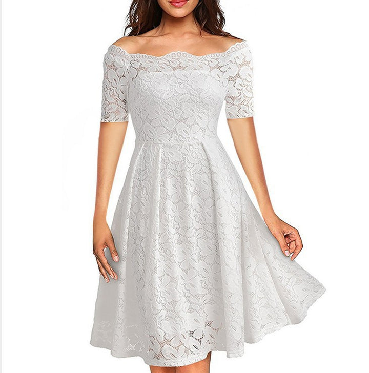 Womens elegant round neck white dress womens elegant lace a line