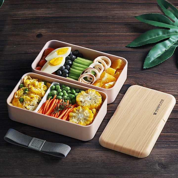 Microwaveable double layer lunch box 1200ml wooden salad container