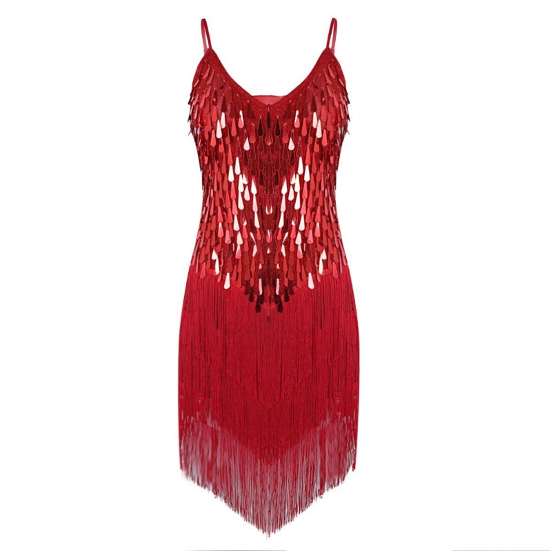 Women spaghetti straps sparkling sequins fringe dance party dress gowns