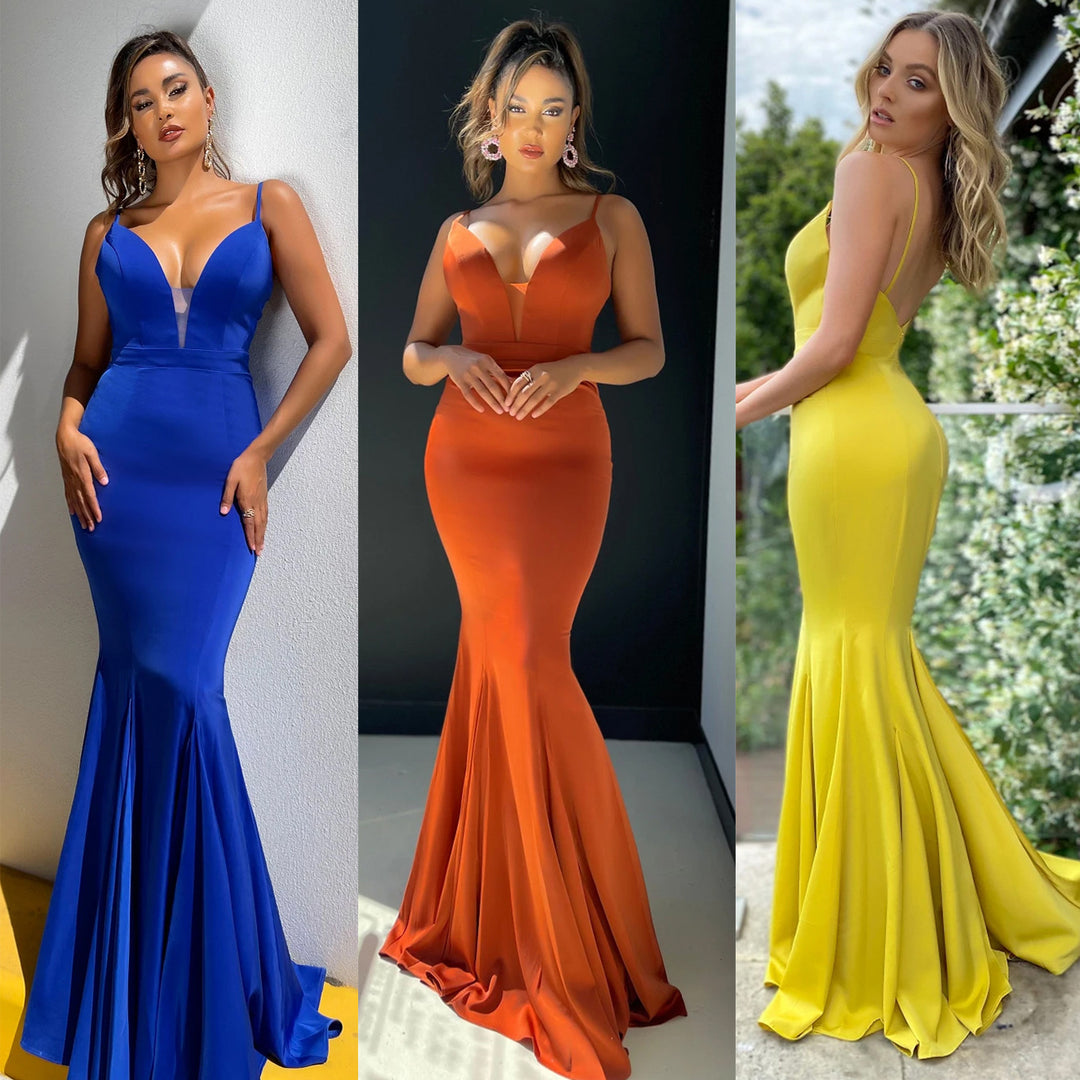 Womens v neck open back suspender slim fishtail elegant party dress