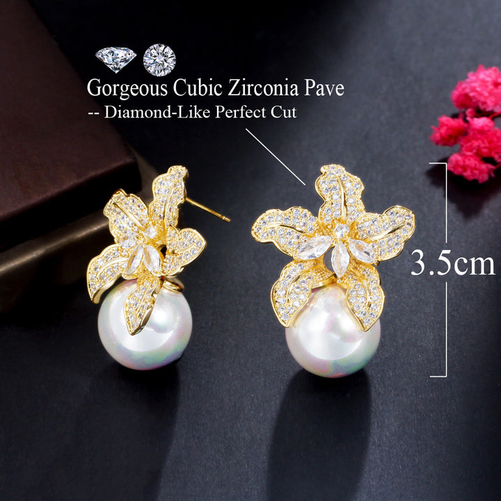 Fashion jewelry 18k gold plated cubic zircon big round flower drop earrings with pearl