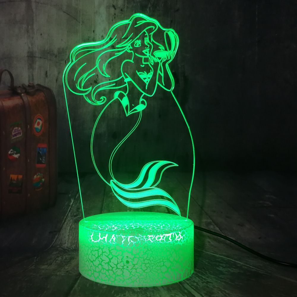 Remote control crack base mermaid ariel usb touch 7 colors 3d led décor lamp