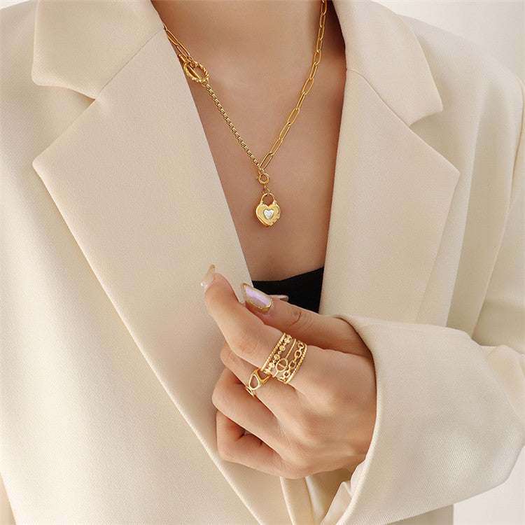 18k gold plated chunky chain button glass crystal heart necklace
