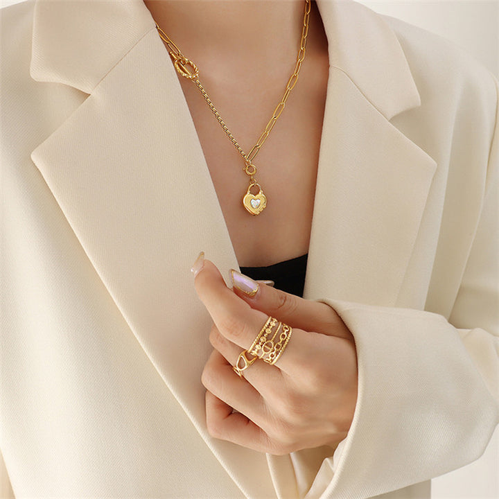 18k gold plated chunky chain button glass crystal heart necklace