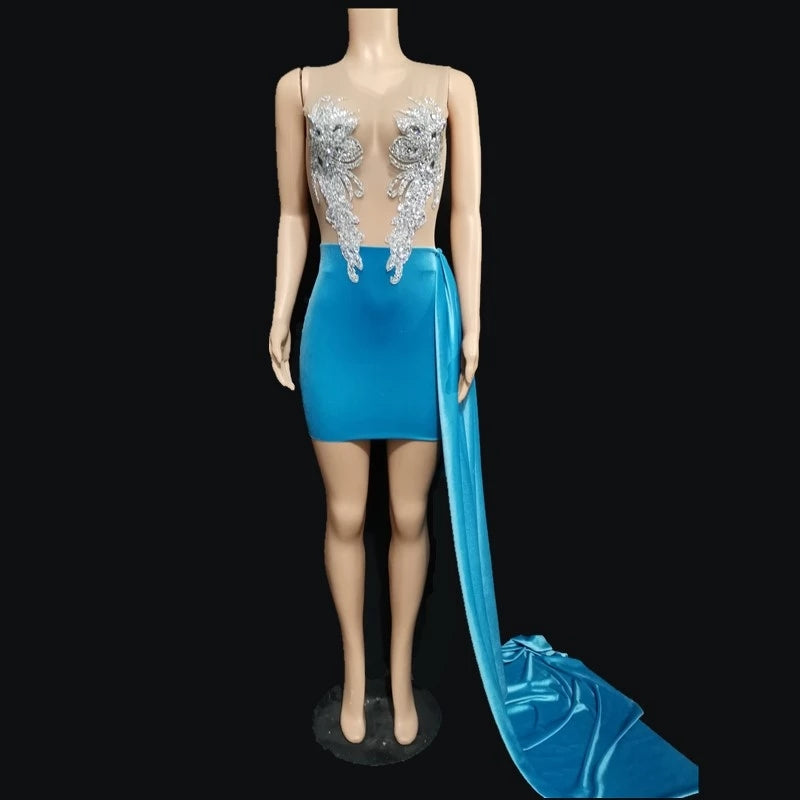 Women night rhinestone sleeveless short dress blue tassel evening wear