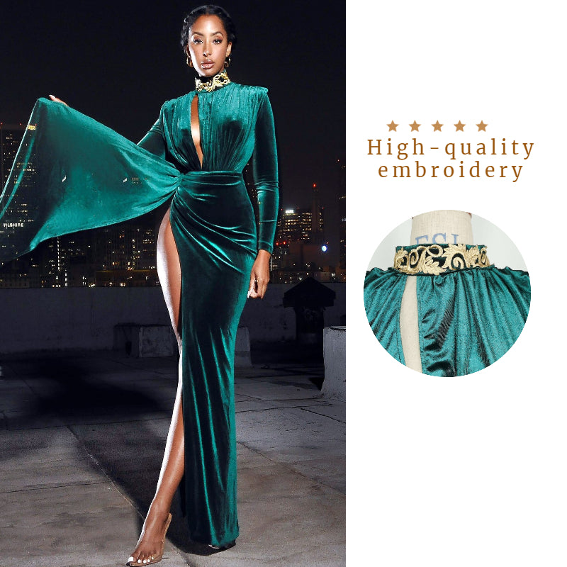 Long sash suede green cutout high slit velvet dress womens hep style