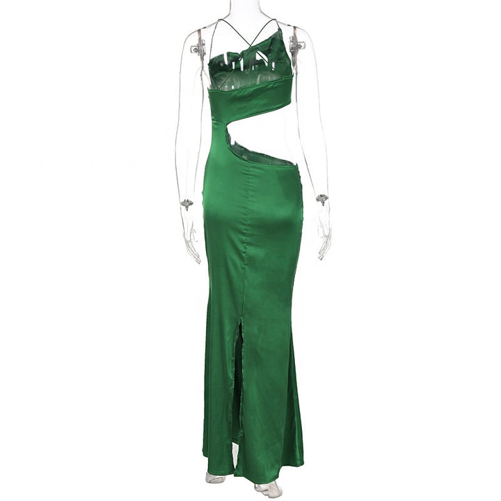 Trendy new ladies elegant spaghetti strap dress hollow waist green long maxi