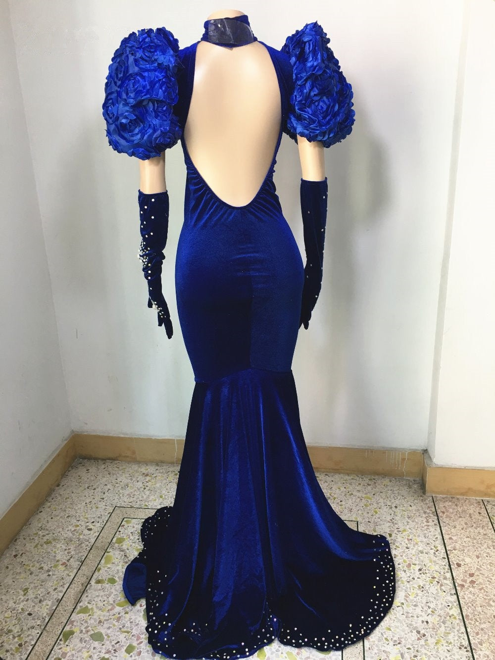 Luxury backless blue velvet pearls crystal wedding mermaid womens evening gown