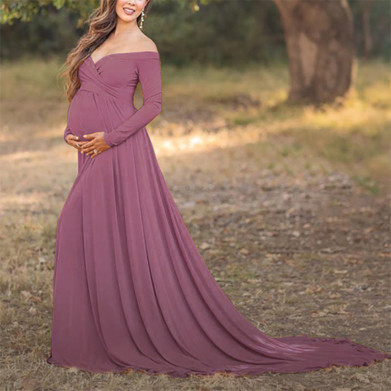 Womens cotton off shoulder long sleeves v neck trailed maternity dress