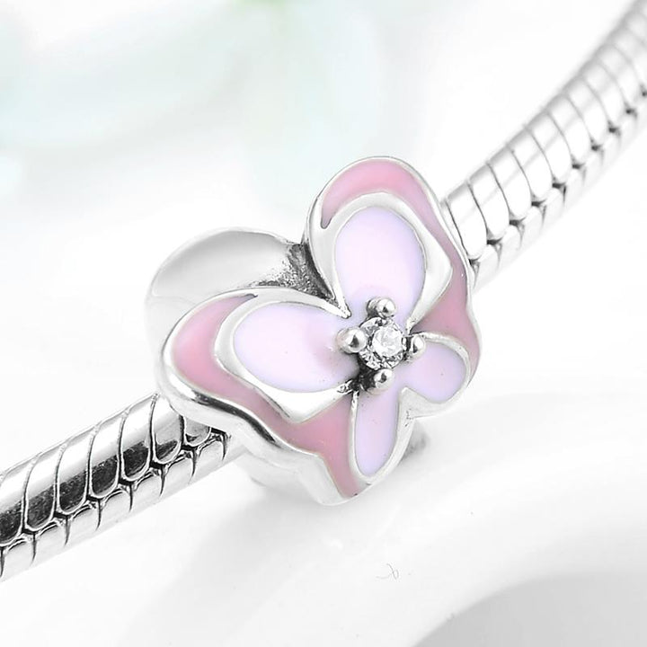 Real 925 Sterling Sliver Pink Enamel Butterfly CZ Spacer Beads Charms for Bracelet Jewelry Making Fashion Accessories Hot Sale