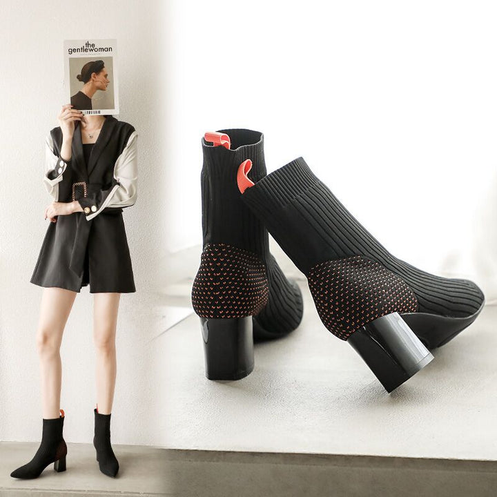 Fashion elastic knitting sock boots pointed toe womens high heel ankle Apparel & Accessories > Shoes