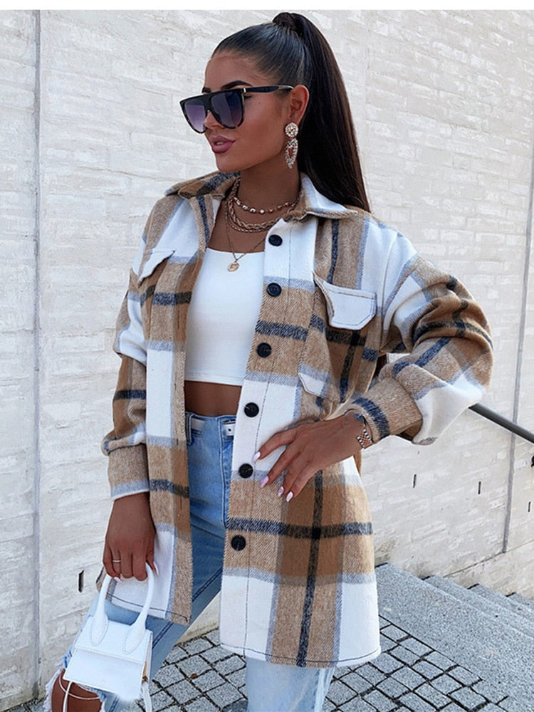 Autumn Winter 2021 Women Top Button Jacket Coat Fashion Casual Vintage Plaid Elegant Single Breasted Long Sleeve Outerwear Tops