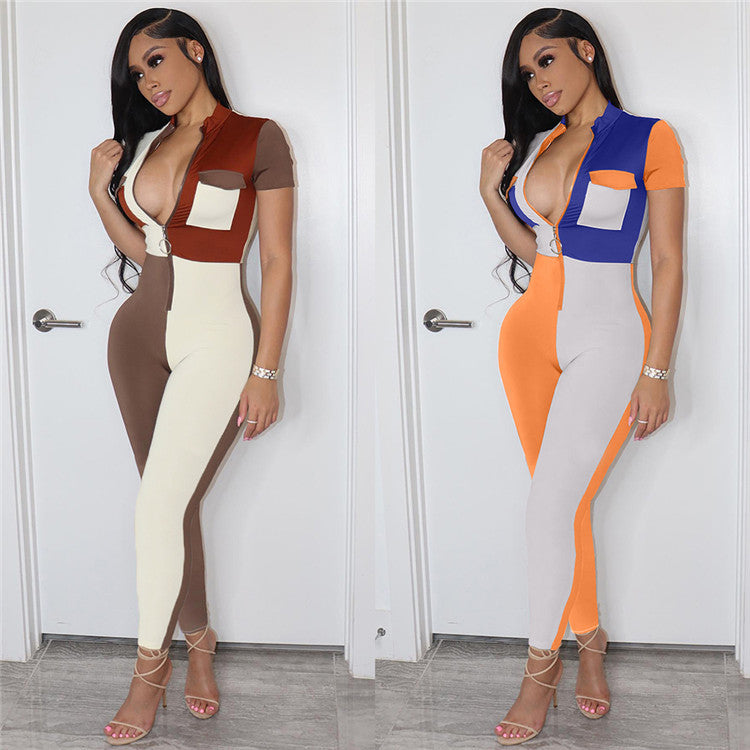 Fashion colored patchwork womens rompers jumpsuit