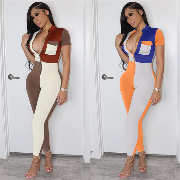 Fashion colored patchwork womens rompers jumpsuit