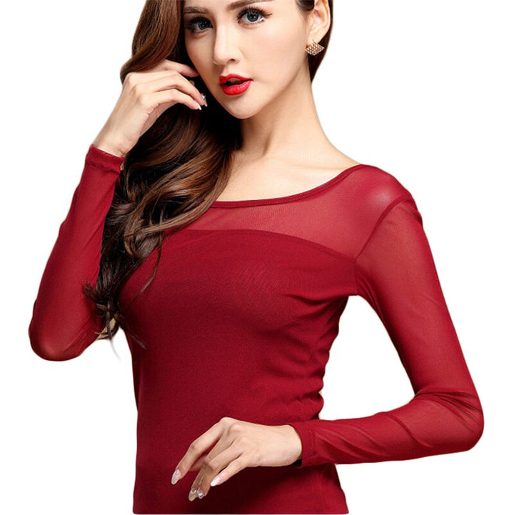 Womens blouse black white casual long sleeve lace under shirts elastic tops