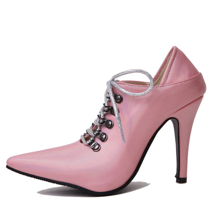 Lace-Up Ankle Boots Women Pump Fashion Sexy Pointed Toe High Heel Pink White Party Wedding Shoes Ladies Short Boot Large Size