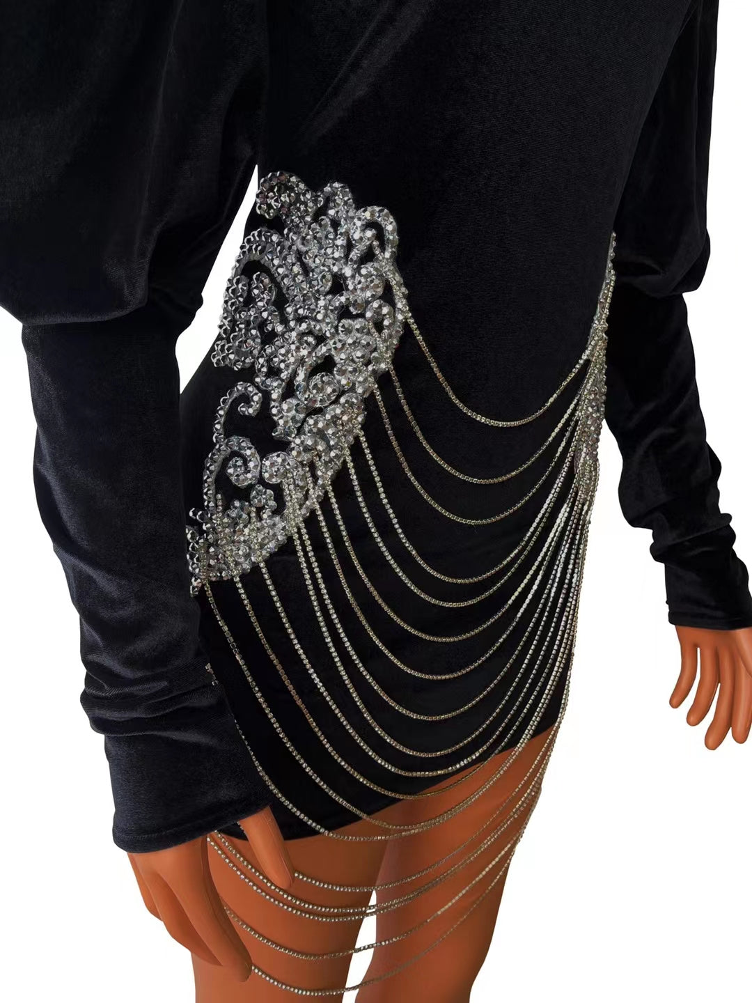 Puff sleeves black velvet rhinestone tassel wedding party women dance wear