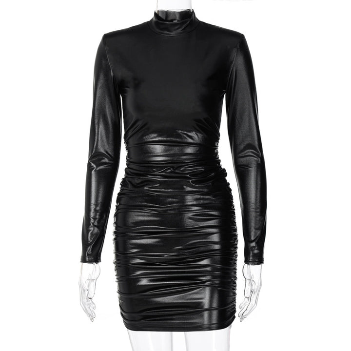 2022 popular spring long sleeveblack pu leather party dress for women