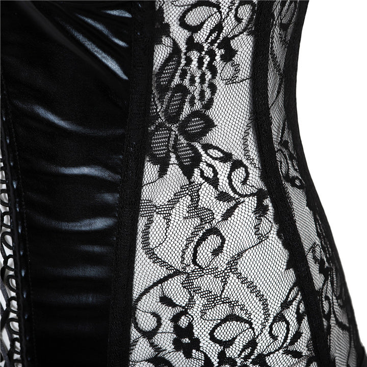 Women mesh jacquard top lace plus size push up gothic leather corset with panty