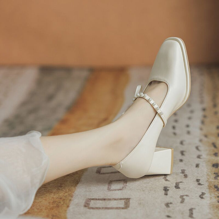 Square head bow mary jane Apparel & Accessories > Shoes women mid high heel retro pearl