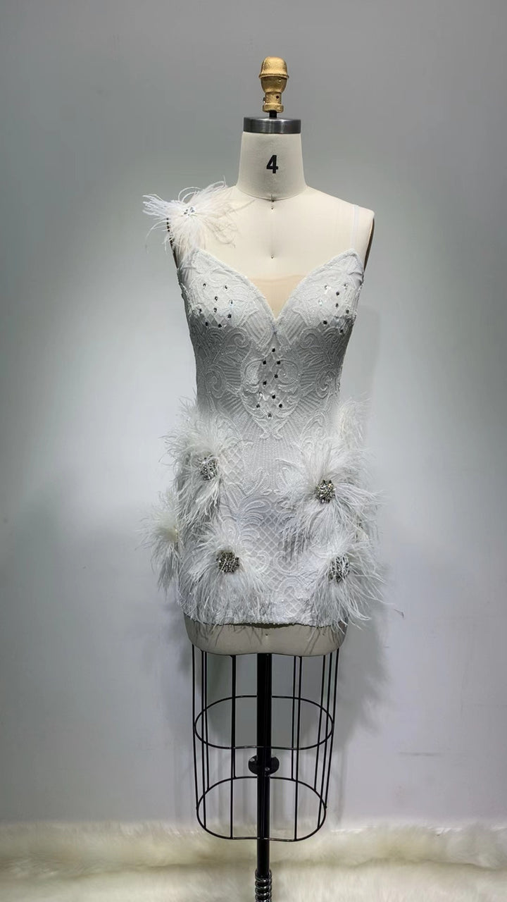 Womens dress spaghetti strap feathers embroidered rhinestone sequin mini