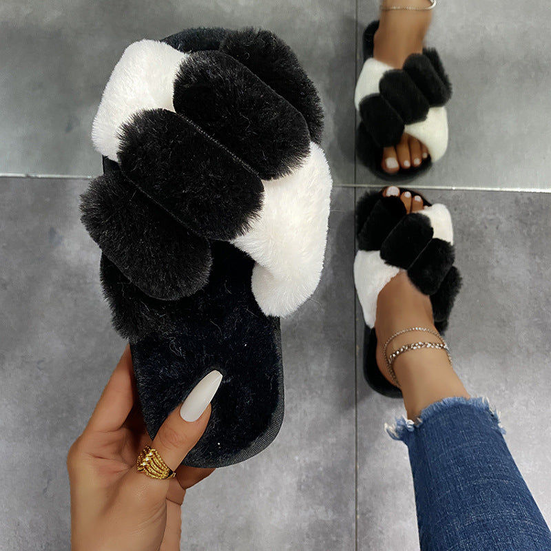 Winter women furry slippers soft plush cross faux fur shoes indoor platforms