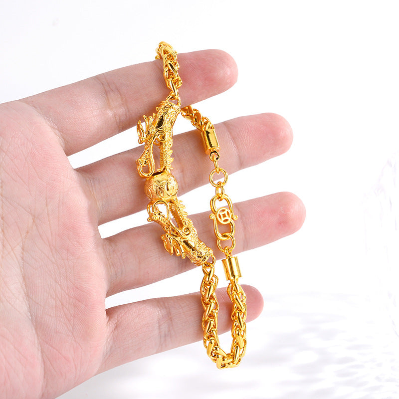 For Women Wedding Jewelry Non-Fading Bead Chain Bracelet Dragon Ornament Gift Delicate Double Chinese Gold Plated Men's Bracelet