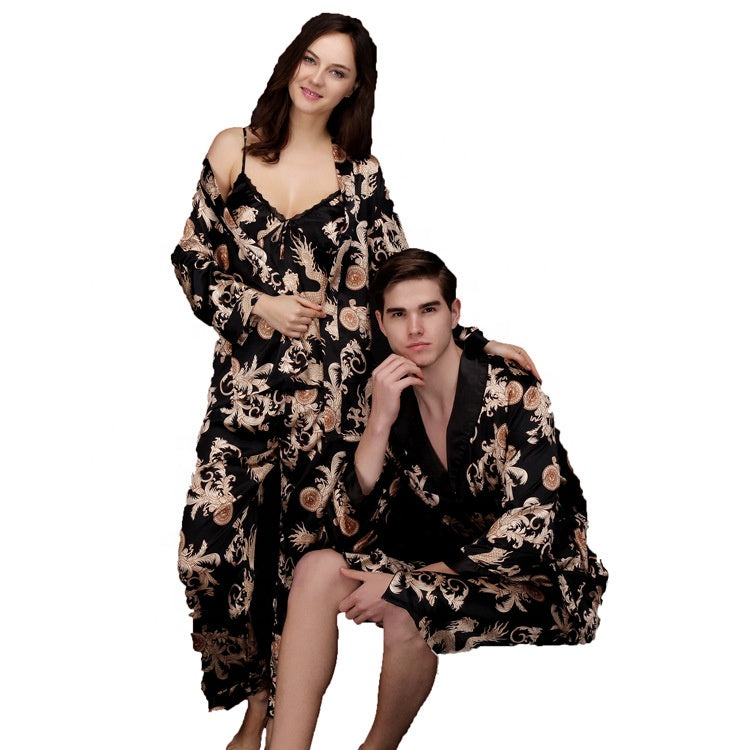 Dragon phoenix print men silk satin couple pajamas sets