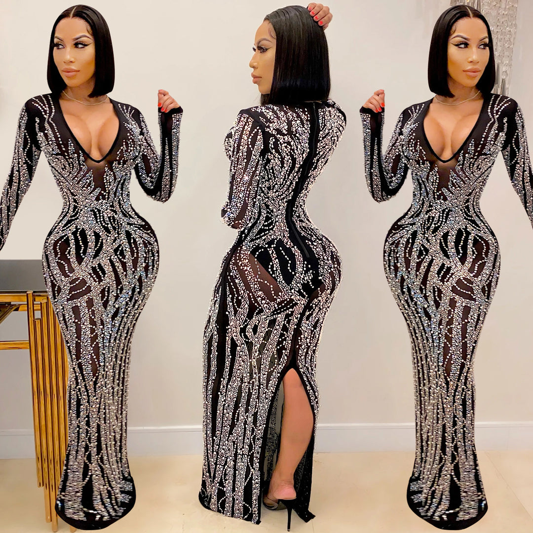 Long sleeve night club hot diamond see through ladies party wear