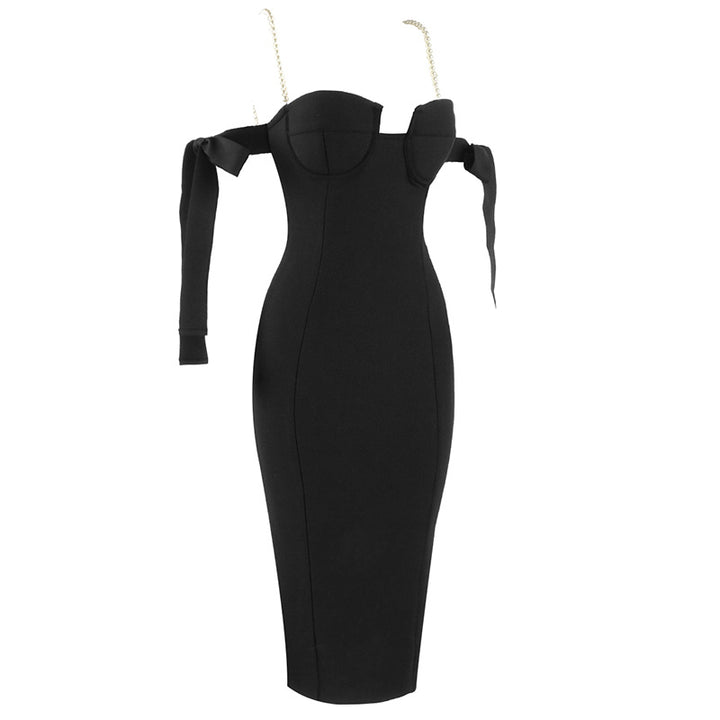 Womens black off shoulder pearl strap low cut dress midi
