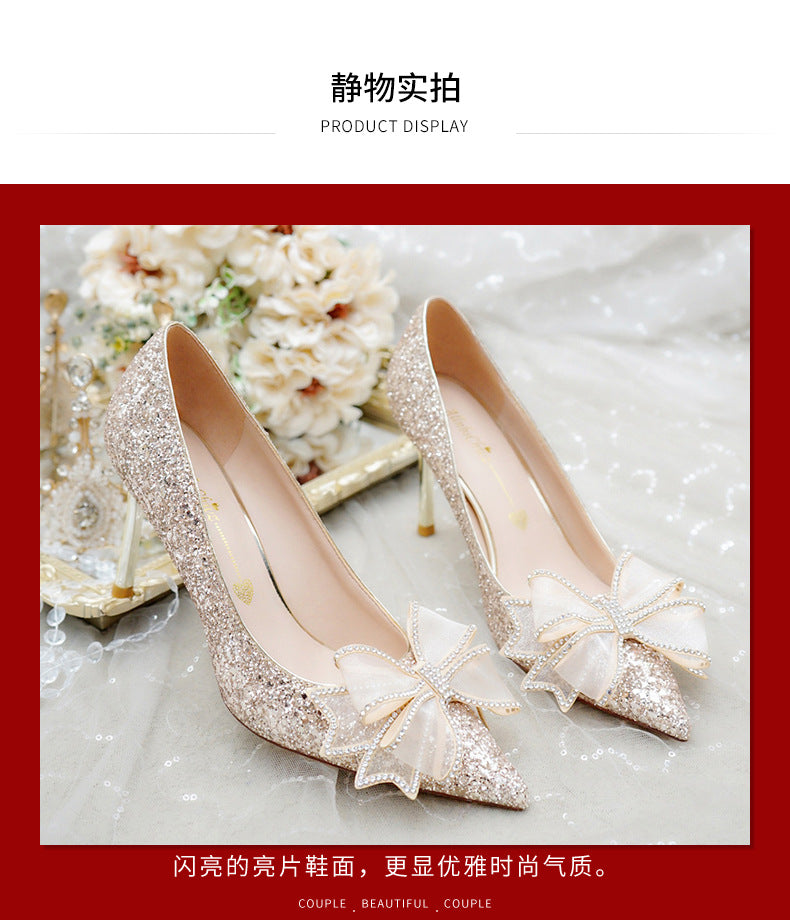 New Pretty Big Bow Lady Girls Dress Glitter Shoes Pointed Toe High Heels Bridal Wedding Pumps Shoes