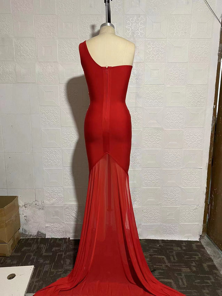 Women one shoulder beaded red mesh mermaid bodycon dress