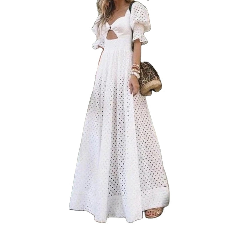 Women square neck white lace with buckle chest skirt bubble short sleeves