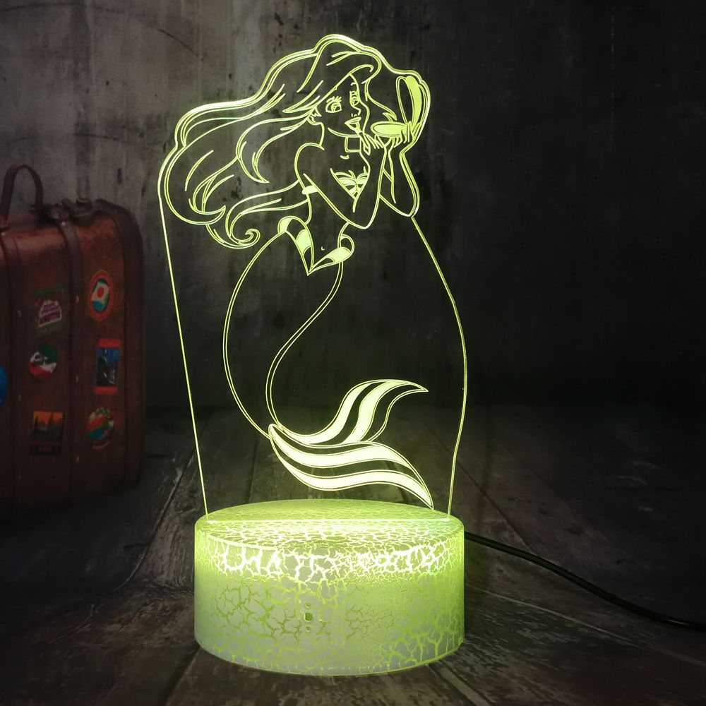 Remote control crack base mermaid ariel usb touch 7 colors 3d led décor lamp